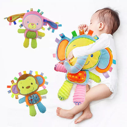 Soft Baby Tags Stuffed Animal - Colorful Plush Lovey Toy with Built-in Bell