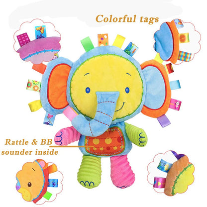 Soft Baby Tags Stuffed Animal - Colorful Plush Lovey Toy with Built-in Bell